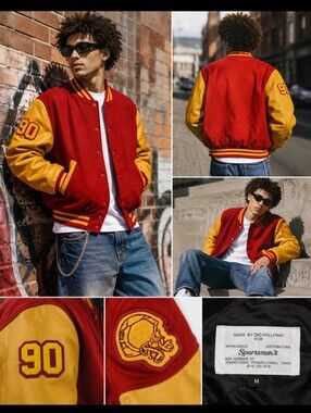 Vintage 90s Holloway Wool Leather Varsity Jacket Red Gold Snap Front Letterman J